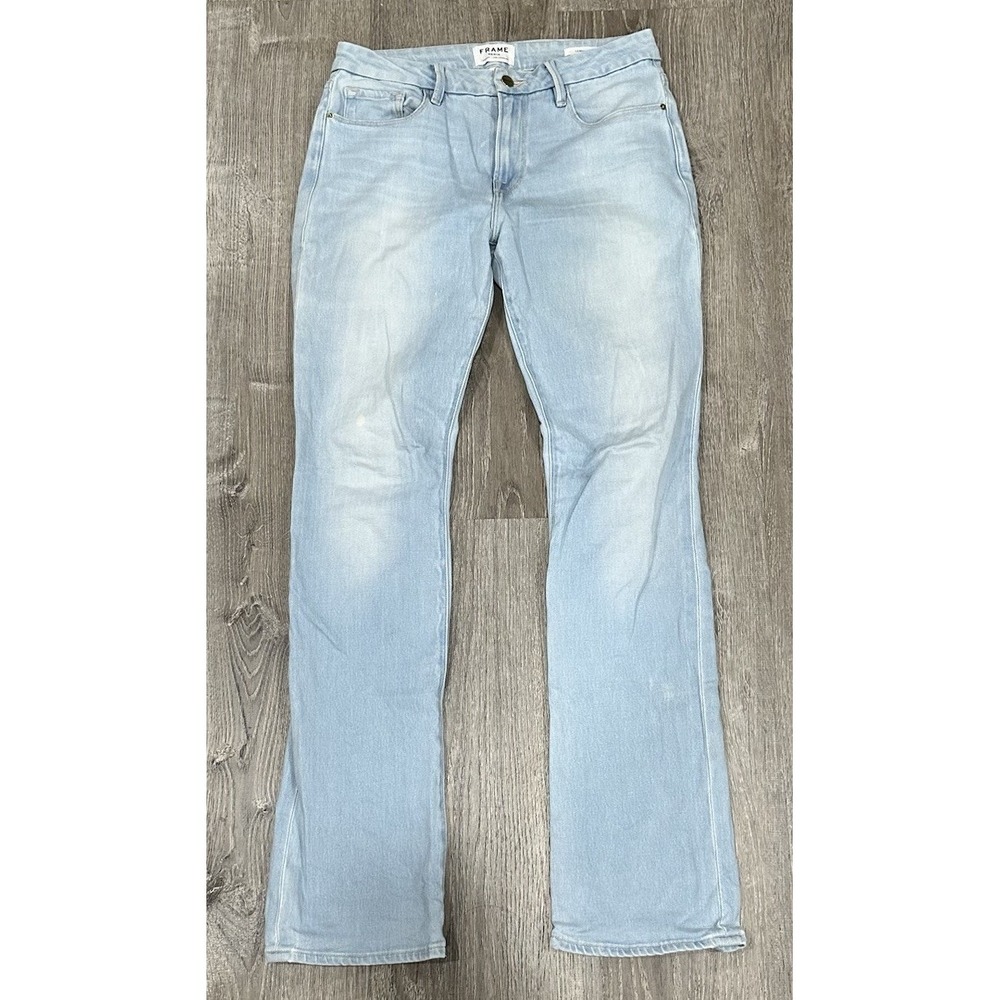 Frame Jeans Women's 29 Le Mini Boot Light Blue Flare Mid-Rise Jeans BLEACH SPOTS